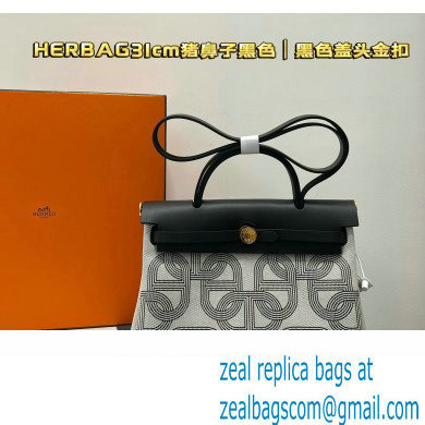 Hermes Herbag Zip 31 bag Black with Gold Hardware in H Plume canvas with Circuit 24 motif (Full Handmade)